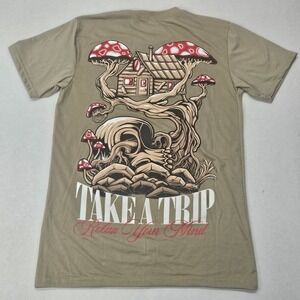 GSTR Mens Mushroom Tree Take‎ A Trip Relax Your Mind Graphic T Shirt Tan Medium